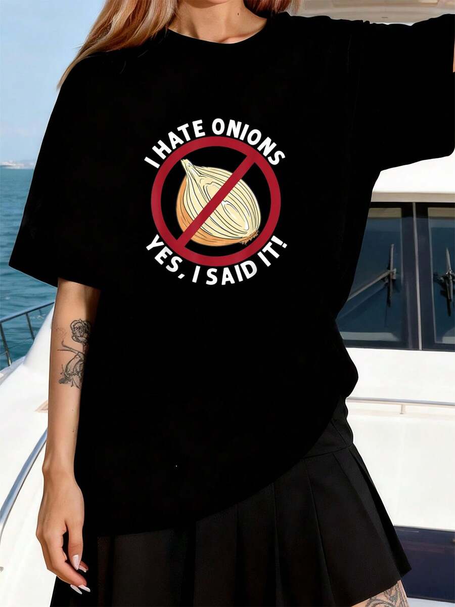 Camiseta Anti-Cebolla "Odio las Cebollas" para mujer, camiseta deportiva para actividades al aire libre, camisetas gráficas, tops cortos, conjuntos, camisetas. MKK8 - Negro - Ver 1