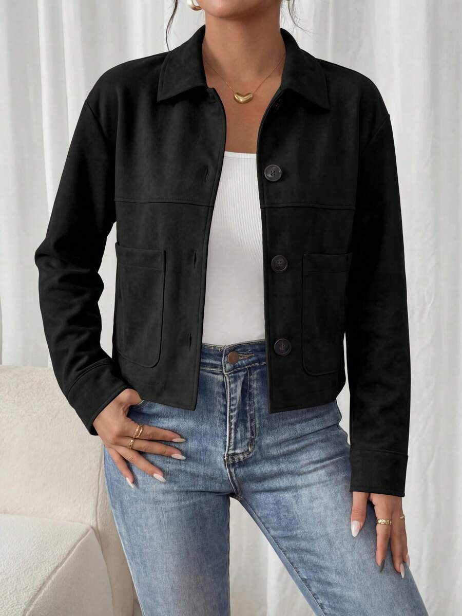 PRETTYGARDEN Women's Faux Suede Cropped Jacket Casual Fall Fashion Button Down Winter Coats Outerwear Clothes Christmas New Years Outfit Women - 黑色 - 查看 1