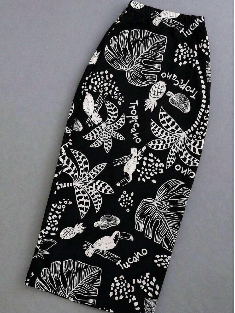Women's Midi Skirt With Tropical Toucan Print (Top Not Included) - Black Background - View 1