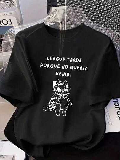 Camiseta de manga corta con cuello redondo para mujer de talla grande con estampado de letras "LLEGUE TARDE PORQUE NO QUERIA VENIR" y gato de dibujos animados, adecuada para primavera, verano, otoño, Día de San Valentín/temporada de regreso a la escuela, color negro