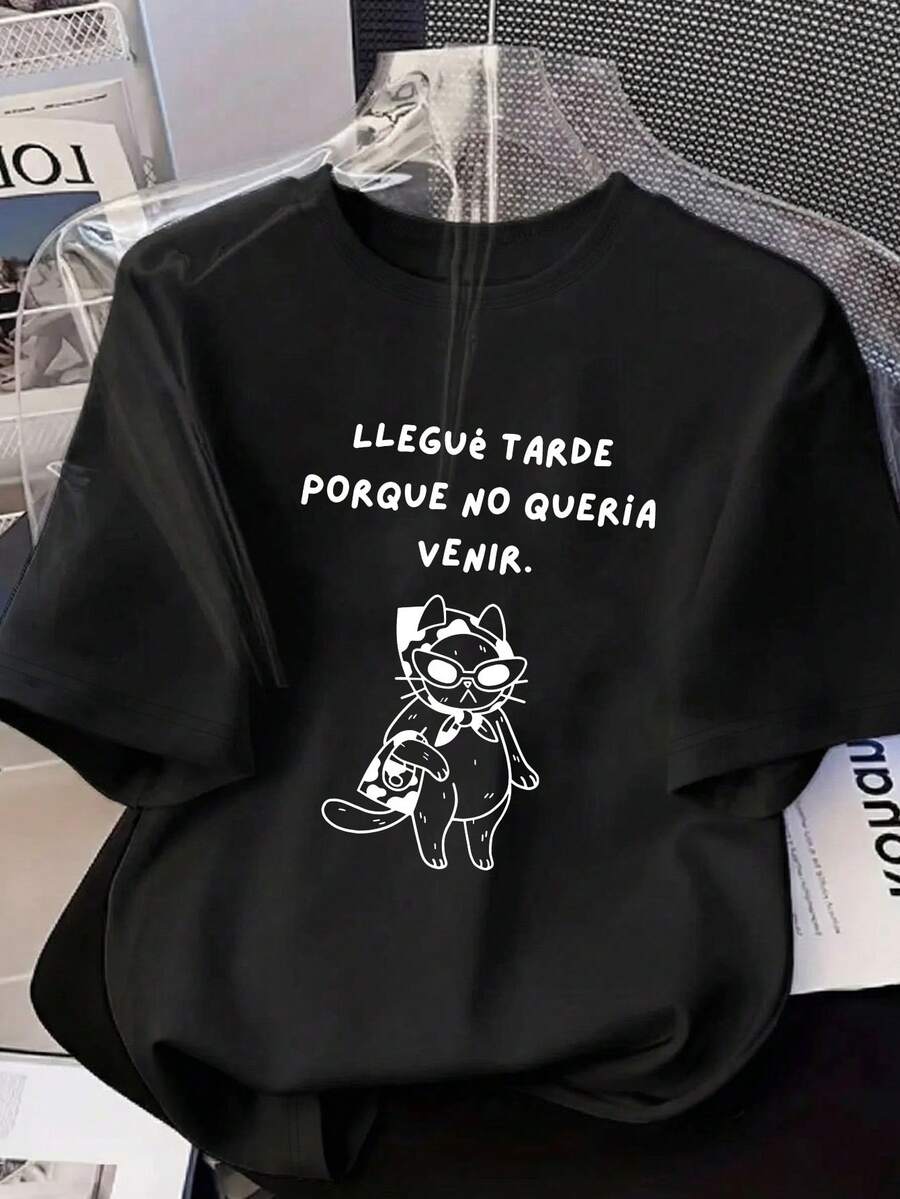 大码女式休闲“LLEGUE TARDE PORQUE NO QUERIA VENIR”字母卡通猫印花圆领短袖T恤,适合春季、夏季、秋季、情人节/返校季穿着。 - 黑色 - 查看 1