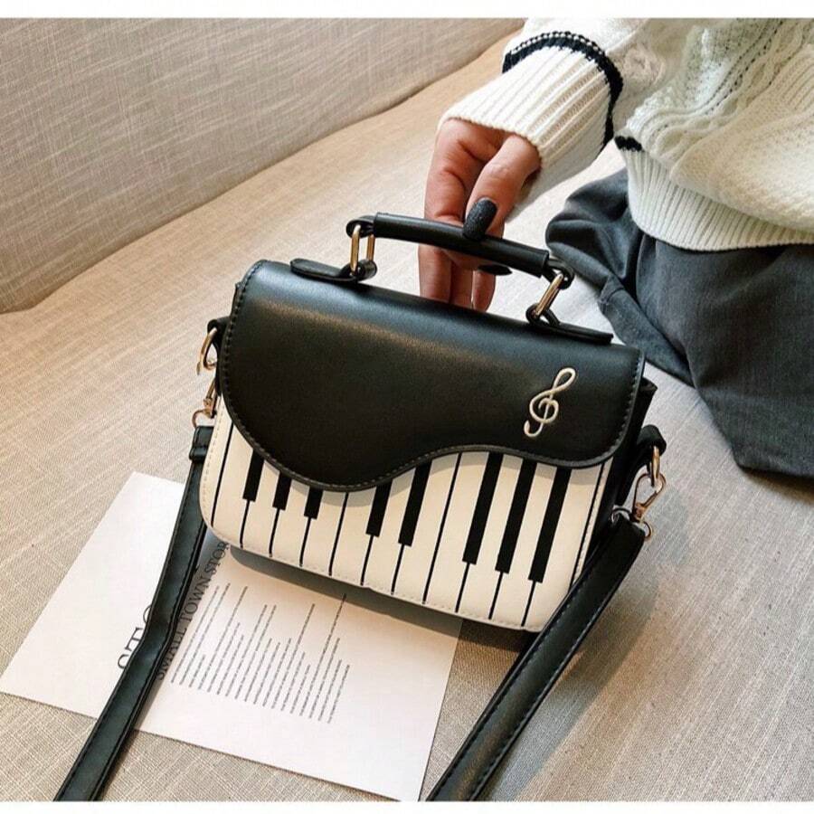 Mini bolso cuadrado con solapa y diseño de teclas de piano, con notas musicales de guitarra y piano, bolso de mano creativo de piel sintética, bandolera para mujeres y niñas, bolsos pequeños. - Blanco y Negro - Ver 1