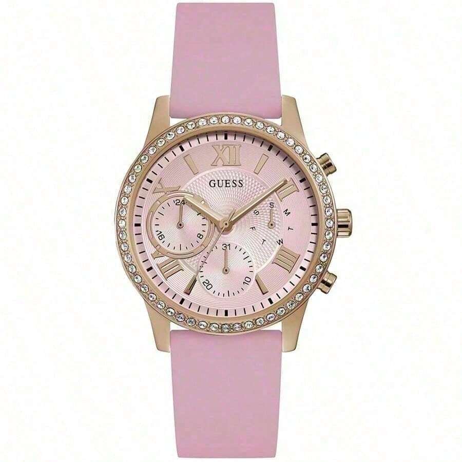 Guess Reloj de cuarzo con función multiusos, esfera de cristal rosa, correa de goma, alimentado por energía solar, con calendario de mes/día, adecuado para uso diario, atuendo de fiesta, regalo de estilo - Rosa - Ver 1