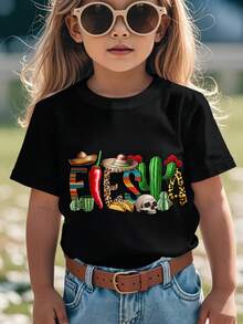 Camisetas para niños, camisetas para niñas, conjuntos para niñas, juguetes para niñas, , camiseta negra para niños con temática mexicana que incluye sombrero, chile, cactus, calavera y flores para celebraciones de fiesta, camiseta con estampado de letras inspirada en Y2K - cuello redondo casual, manga corta, lavable a máquina - perfecta para primavera/verano/otoño, moda, ropa urbana, unisex, hombres, mujeres, ropa de niño, ropa para niñas. - Negro - Ver 1