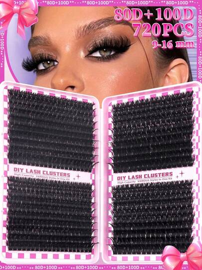 720 piezas Kit de extensiones de pestañas con rizado D, Set de extensión de pestañas DIY de alta capacidad, adecuado para principiantes, de larga duración y resistente, pestañas individuales, estilos mixtos, racimos de pestañas DIY, crea ojos cautivadores fácilmente en casa, esencial para el maquillaje, set de pestañas de gran capacidad, adecuado para cosplay, bodas, galas, maquillaje de escenario, etc. (80D+100D)
