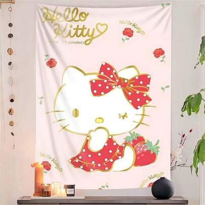  1PC Sanrio Collaboration Tapestry Gold-Embossed Strawberry Rose Hello Kitty Tapestry Luxury-Chic Sweet Style Bedroom Backdrop Dorm Headboard / Wall-Hanging Or Floor-Laying Bedroom Bay Window / Girly Room / Entryway Desk Wall Decor / Kids' Room Top Gift Choice For Besties