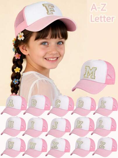 Kids A-Z Chenille Letter Mesh Back Baseball Cap, Adjustable Pink White Trucker Hat For Girls, Breathable UV Protection Sun Hat For Sports & Daily Use