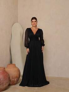 Elegant Women's Long Dress With Long Sleeves And Pleats, Suitable For Bridesmaids, Bridesmaids, Mothers Of The Bride, Groomsmen, Weddings, Graduations, And Evangelical Fashion. - 黑色 - 查看 1