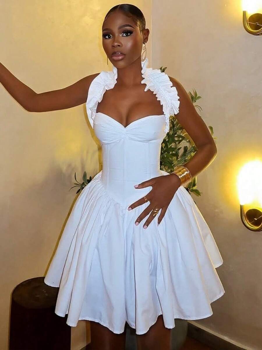 Casual Fashion Party Street Solid Color Slim Fitting Women's Sexy Backless Pleated A-Line Skirt Simple Hanging Neck Short Sleeveless Dress - trắng - Xem 1