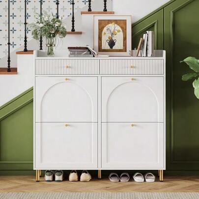 Shoe Cabinet, Narrow Shoe Cabinet With 4 Hinged Doors And 2 Drawers, Shoe Rack, Shoe Cabinet, Metal Handle, Suitable For Hallways, Bedrooms And Apartments, Color: White, Dimensions: 106.5x25x105.5 Cm