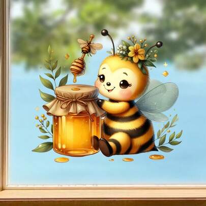 1pc Bee Themed Decorative Window Stickers, With Sitting Bee, Honey Jar And Leaves Pattern Design, Suitable For Home Living Room Bedroom Glass Window Wall Decoration, Single Use, Removable PVC Stickers, Seasonal Decor