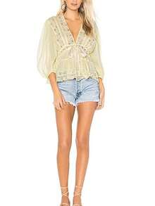 Women's Deep V-Neck Blouse Lace Patchwork 3/4 Sleeve Cinched Waist Bow Tie Front Slim Peplum Tops Streetwear - Light Green - View 6