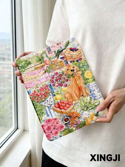 1pc Watercolor Illustration Garden & Puppy Pattern Tablet Protective Case, Compatible With 10.2" 10th/ (A16) 11" 11th 2025, Pro 11" 2021/2020, Galaxy Tab A8 10.5" 2022, Matepad 10.4/Tab, , With Pencil Slot, Anti-Drop, Tablet Stand, Auto Sleep/Wake