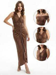 Elegant Pleated Halter Bridesmaid Dress, Made Of Highly Elastic Fabric - Brown - View 1