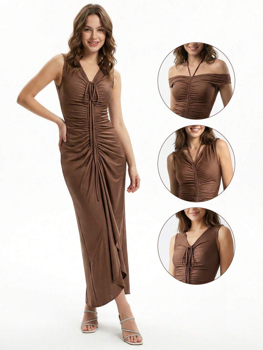 Elegant Pleated Halter Bridesmaid Dress, Made Of Highly Elastic Fabric - Brown - View 1