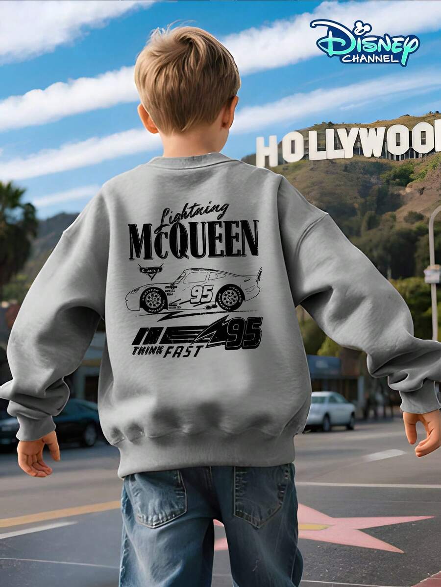 Boys' Crew Neck Pullover Sweatshirt, Gray, Loose Fit, Front With Lightning 95 Logo Print, Back With "Lightning McQueen" Lettering And Lightning McQueen Racing Car Line Print, Disney's "Cars" Theme, Suitable For Children Aged 5-12, Skin-Friendly And Breathable, Suitable For Spring, Autumn, And Winter, Appropriate For School, Outings, Parties, Theme Parks, Etc. Eye-Catching Racing Car Design, Back-To-School Essential, Machine Washable, Durable, Versatile And Practical, Children's Casual Top, Popular American IP Theme Boys' Sweatshirt, Disney "Cars" Top - Màu Xám nhạt - Xem 1