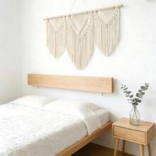 1 tấm tranh treo tường Macrame, trang trí tua rua phong cách Bohemian, ghép từ các thanh gỗ, dệt thủ công khổ lớn, dùng làm phông nền đầu giường. - Màu be - Xem 8