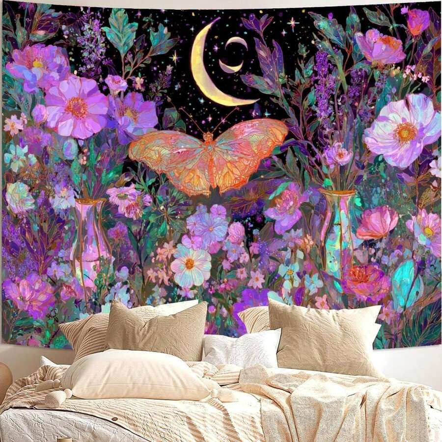Boho Butterfly Tapestry Flower Moon Wall Tapestry, Moon Phases Tapestries For Bedroom Cute Tapestries Wall Hanging For Bedroom Living Room Decor - 1PC - View 1