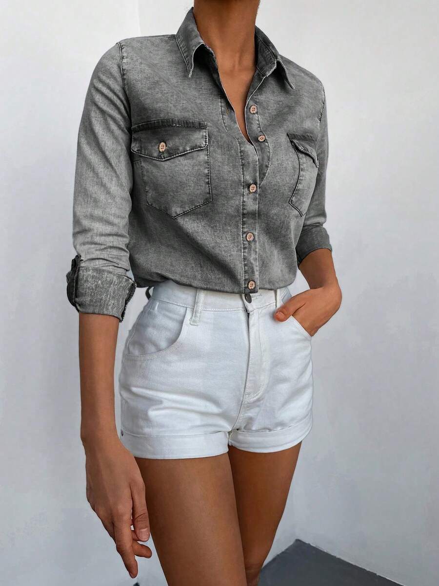 Women Classic Washed Grey Denim Button Up Long Sleeve Shirt Top With Pockets - Black - View 1