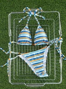New Arrival European And American Women's Fashion Contrast Color Striped Spaghetti Strap Bow Bikini Set Summer Vacation Beach - Blue and White - View 7