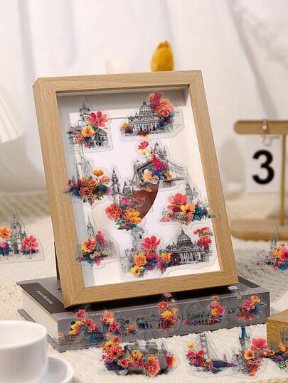 50pcs Creative World Architectural Flower Stickers PET Material With Hot Foil Stamping Unique Decorative Patterns Perfect For Guitars, Skateboards, Tablets, Envelopes, Scrapbooks, Suitcases, And Table Gifts Personalized Decorations - Fun Stickers