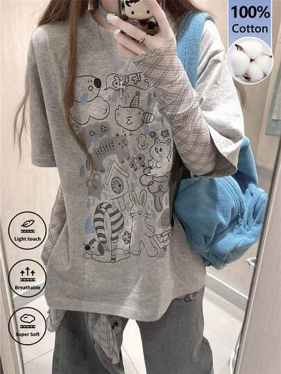 韩版可爱动物涂鸦印花T恤，女款灰色格子拼接短袖宽松休闲上衣
