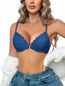 Blue Lace Front Closure Padded Bra - Comfortable Easy On/Off Suitable For Vacation Wear - Blue - View 7