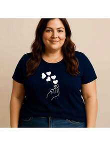 Women's Plus Size T-Shirt, 100% Cotton, Printed Finger Heart Design, Korean Drama/Kpop Style, Basic Premium Style, Round Neck, Short Sleeve, Casual Streetwear/Gym, Comfortable, Sizes G1 To G5 - 藏蓝色 - 查看 2