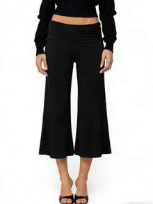 Women's Solid Fold-Over Waist Capri Pants, Casual Low Rise Wide Leg Cropped Trousers - Black - View 1