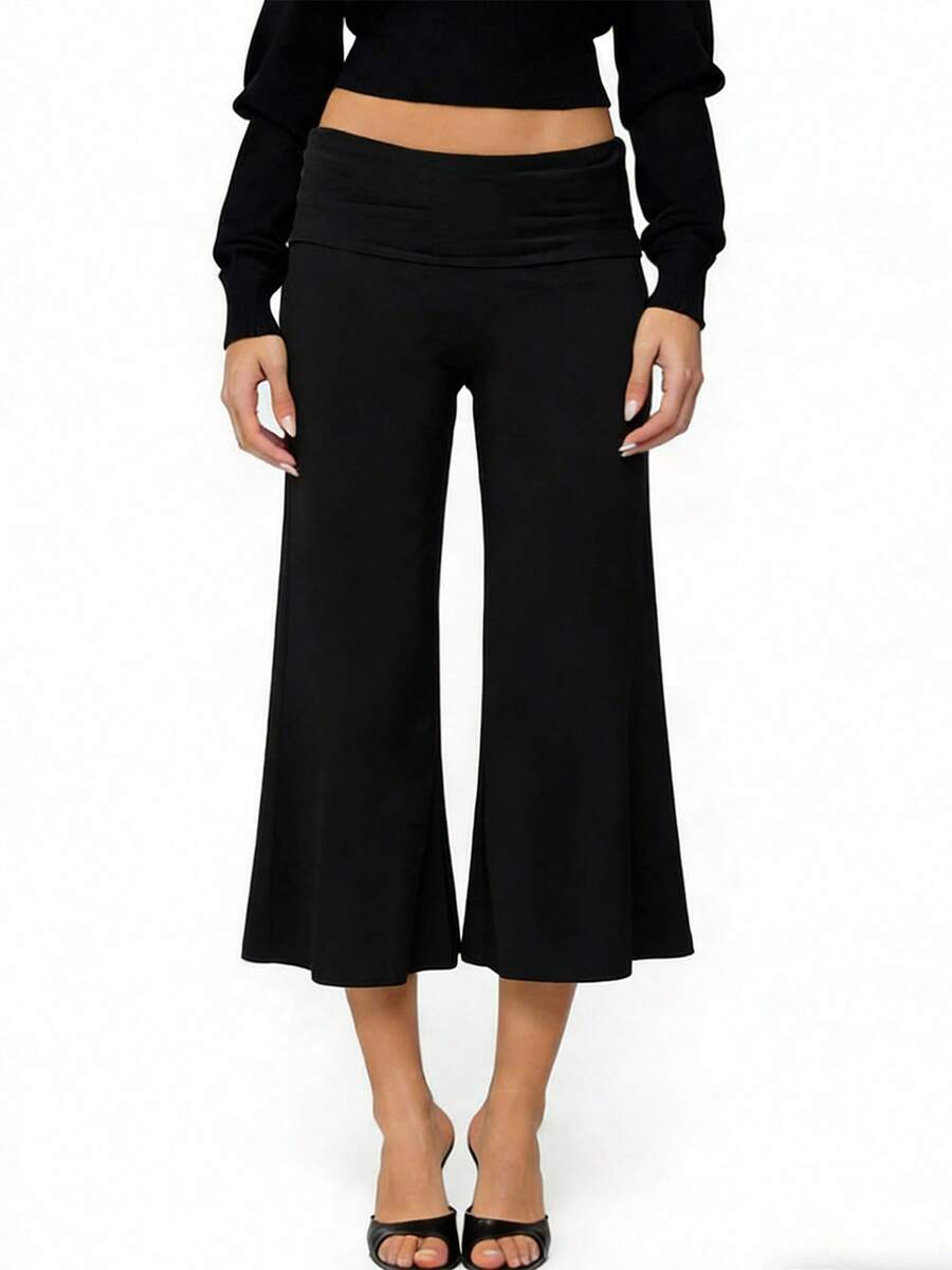 Women's Solid Fold-Over Waist Capri Pants, Casual Low Rise Wide Leg Cropped Trousers - Black - View 1