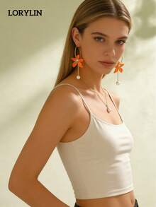 1 Pair Spring/Summer New Bohemian Orange Flower Faux Pearl Tassel Hoop Earrings, Versatile Daily Wear, Music Festival, Party, Vacation Accessory For Women - Golden Yellow + Multi-color - View 3