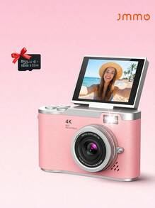 JMMO 4K Digital Camera With 32G Card, CCD Camera, Vlogging Camera For Vieo, Auto Focus 48MP Face Detection, Flip Screen, 16X Digital Zoom, Point & Shoot Camera, Gift For Beginners, Travel - Pink - View 1