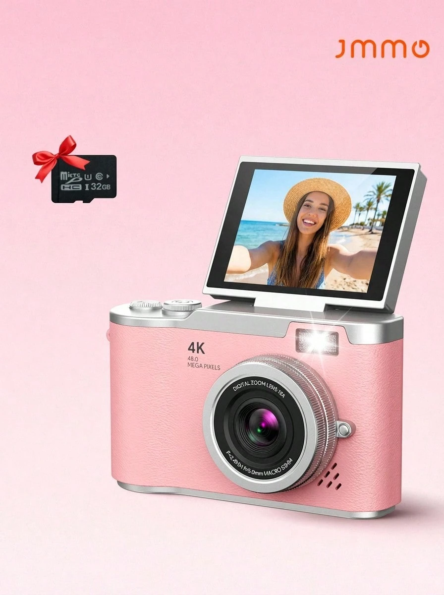 JMMO 4K Digital Camera With 32G Card, CCD Camera, Vlogging Camera For Vieo, Auto Focus 48MP Face Detection, Flip Screen, 16X Digital Zoom, Point & Shoot Camera, Gift For Beginners, Travel - Pink - View 1