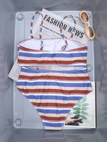 Conjunto de bikini de rayas casual de verano para playa y vacaciones - Marrón - Ver 5