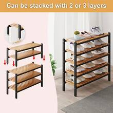 Bamboo Shoe Rack Organizer For Closet And Entryway - Space-Saving Narrow Shoe Stand - Versatile Shoe Holder For Door Or Closet Shelf,Garage Bedroom Can Freely Stack DIY Small Shoe Racks - Màu đen + tre, 3 tầng - Xem 2