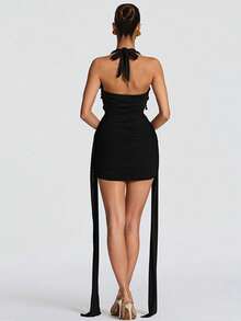Vestido sexy halter escote V con lazo y decoración de agua a la moda - Negro - Ver 2