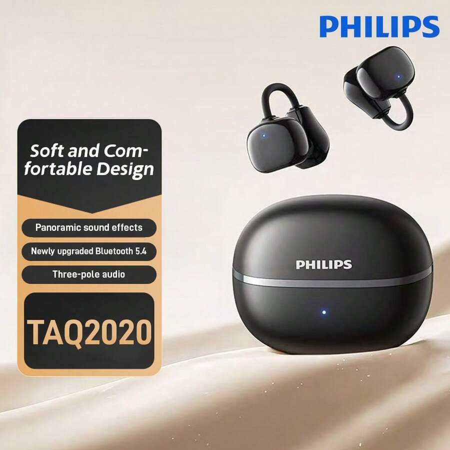 PHILIPS 飞利浦 TAQ2020 真无线蓝牙 5.4 耳机，开放式设计，AI 清晰通话，触控操作，超长续航 - 黑色 - 查看 1