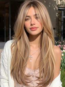 Peluca sintética rizada y esponjosa de 26 pulgadas de largo, con flequillo, resistente al calor, con raya al medio natural, adecuada para cosplay, fiestas, bodas, Halloween y uso diario - Lino Marrón - Ver 1