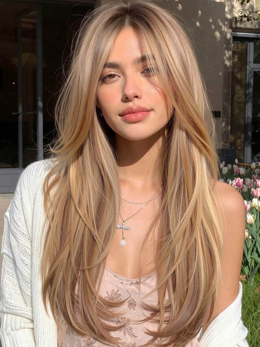 Peluca sintética rizada y esponjosa de 26 pulgadas de largo, con flequillo, resistente al calor, con raya al medio natural, adecuada para cosplay, fiestas, bodas, Halloween y uso diario - Lino Marrón - Ver 1