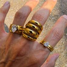 VKHK 1枚复古18K镀金不锈钢锆石装饰厚戒指，适合女性日常及婚礼佩戴，礼品 - 彩色 - 查看 3