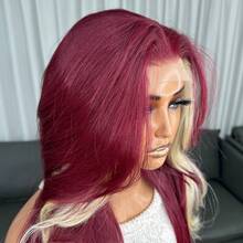 13x4 Burgundy Lace Front Wig Kanekalon Futura Hair 22 Inch Long Wave Highlight Wigs Curtain Bangs, Glueless Kanekalon Hair Resistant Synthetic Hair Wigs Free Part 150% Density Ready To Wear Synthetic Wigs For Daily Party Festival Holiday Use Beginner Friendly Wigs Transparent Lace Wigs - Burgundy - View 8