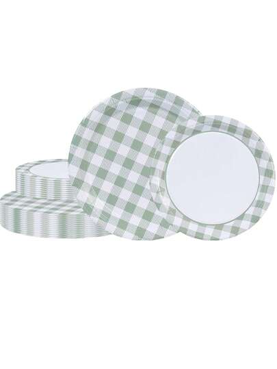 24/12Pcs Sage Green Gingham Disposable Paper Plates 7/9 Inch, Green White Buffalo Plaid Party Plates Serves 6-12 Guests For Birthday, Picnic, Camping, Bridal Shower & Outdoor Wedding Decor