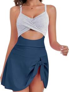 Women One Piece Swimdress Tummy Control Bathing Suit Push Up Swimsuit Modest Swimwear CutOut V Neck Cute Tie Knot Skirt - 白色和黑色條紋,帶藍色 - 查看 3