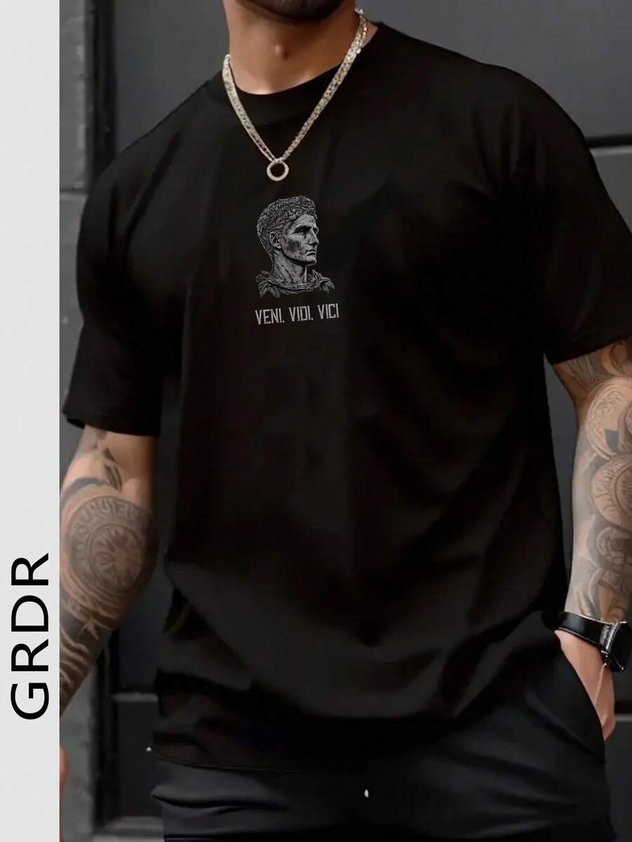 GRDR 男士复古印花休闲圆领短袖T恤，舒适时尚 - 黑色 - 查看 1