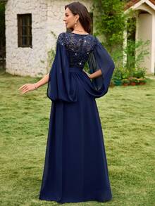 MIUSOL Đầm dạ hội chiffon ren hoa đính sequin cổ chữ V, đầm dự tiệc thanh lịch dành cho nữ, đầm dạ hội trang trọng cho mùa xuân và đám cưới. - Màu xanh hải quân - Xem 3