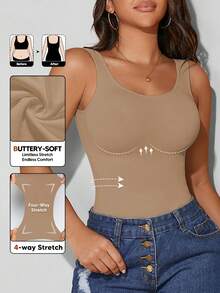 Women's Autumn Seamless Slimming Tank Top, Crew Neck, Tummy Control - Camel - View 1