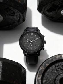 Fossil 男士腕表，男士极简全黑计时腕表，哑光皮表带，罗马数字表盘商务腕表 FS5503 - 黑色 - 查看 6