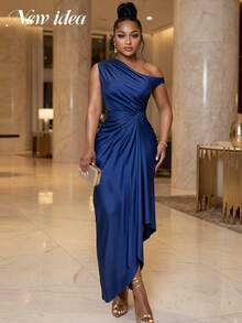 Women's Elegant Navy Blue Satin Long Dress, Asymmetric Ruched High Waist Fitted Design, Suitable For Spring/Summer Occasions Like Festivals, Weddings, And Concerts - Navy Blue - View 5
