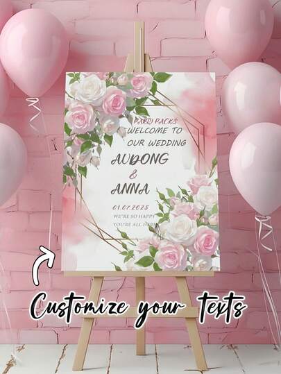 Placa de Boas-Vindas Personalizada com Flores Rosas para Casamento - Nome e Data Personalizados, Decoração Elegante de Recepção para Casamentos, Aniversários, Festas de Aniversário e Comemorações Especiais, Adequada para Casa, Hotel ou Eventos ao Ar Livre, Sinalização Personalizada | Decoração Romântica | Bottom Rosa Claro