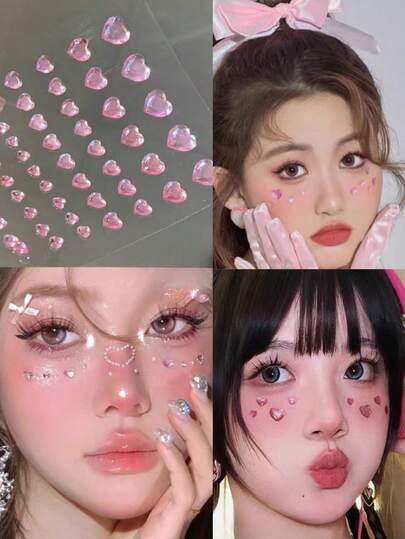 2片粉色爱心水钻脸部贴片，粉色爱心少女风脸部水钻贴纸，适合演唱会、音乐节、儿童节舞台妆容的脸部钻石贴片
